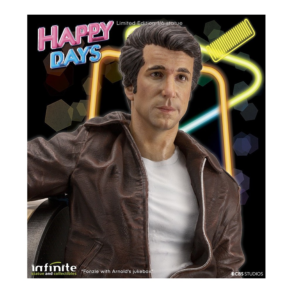 HAPPY DAYS FONZIE WITH JUKEBOX STATUA 30 CM 1/6 OLD AND RARE RESINA FIGURE INFINITE STATUE