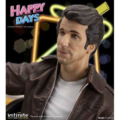 HAPPY DAYS FONZIE WITH JUKEBOX STATUA 30 CM 1/6 OLD AND RARE RESINA FIGURE INFINITE STATUE