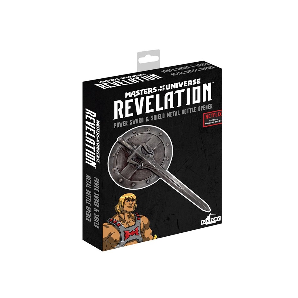 MASTERS OF THE UNIVERSE REVELATION POWER SWORD AND SHIELD METAL BOTTLE OPENER APRIBOTTIGLIE FACTORY ENTERTAINMENT