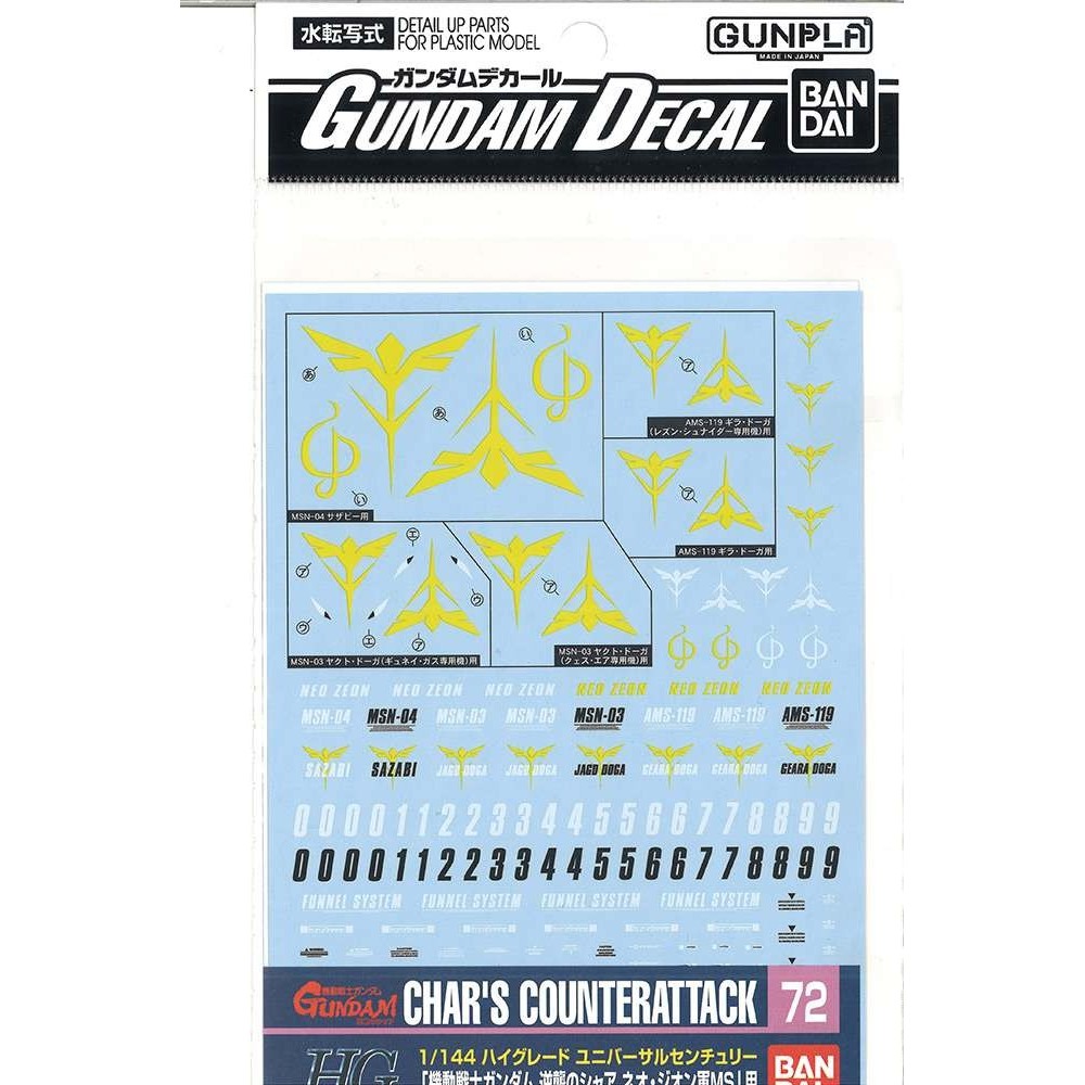 BANDAI BANDAI GUNPLA GUNDAM DECAL CHAR'S COUNTERATTACK ZEON 1/144 MODEL KIT