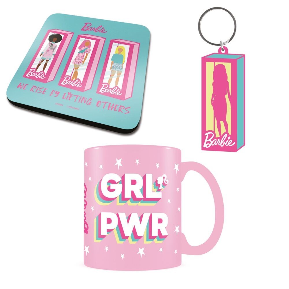 BARBIE GRL PWR GIFT SET TAZZA SOTTOBICCHIERE E PORTACHIAVI PYRAMID INTERNATIONAL