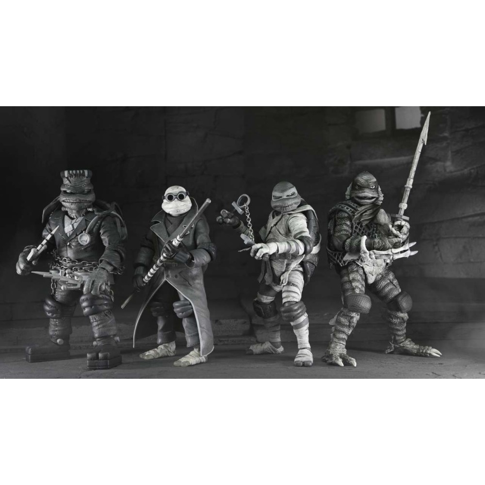 NECA UNIVERSAL MONSTERS X TMNT TEENAGE MUTANT NINJA TURTLES BLACK AND WHITE 4-PACK ACTION FIGURES