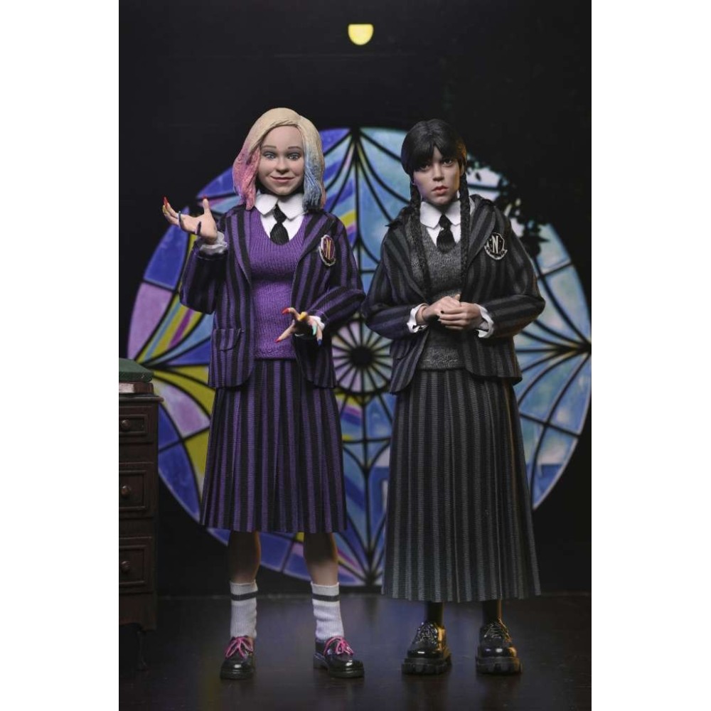 NECA WEDNESDAY ADDAMS & ENID NEVERMORE UNIFORM CLOTHED PVC 2-PACK ACTION FIGURES