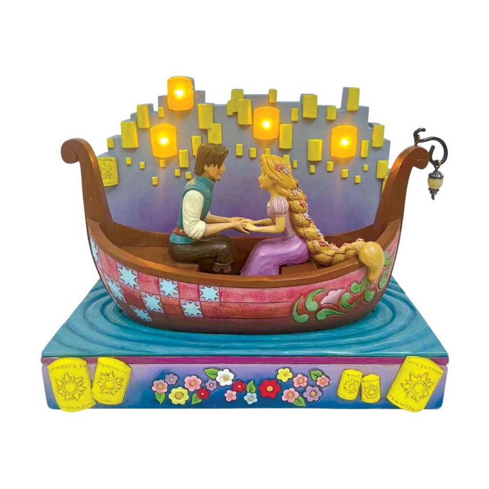 RAPUNZEL E FLYNN SULLA BARCA STATUA FIGURE CON LUCI ENESCO