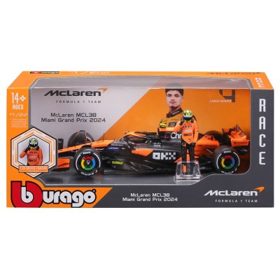 BBURAGO MCLAREN MCL38 CON LANDO NORRIS DIE CAST METAL 1/24 MODEL REPLICA